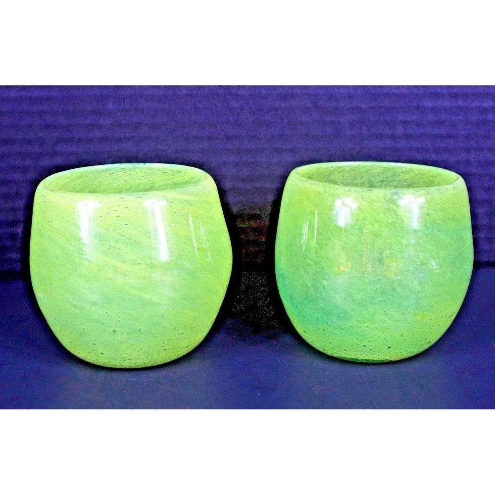 Lime Green Hand Blown Glass Tumblers W Controlled Bubbles - EUC Crate & Barrel C